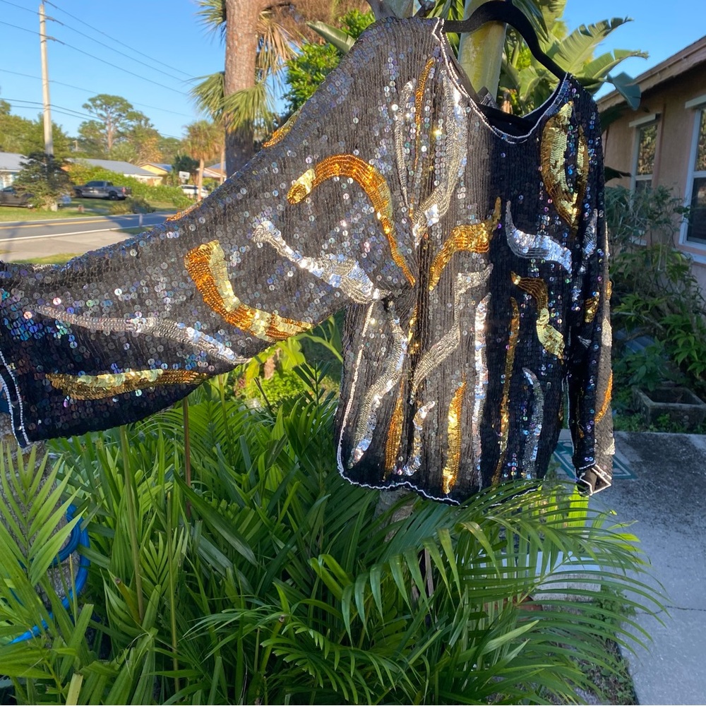 Sequin Top L 100% Silk Black Silver & Gold - Picture 2 of 5